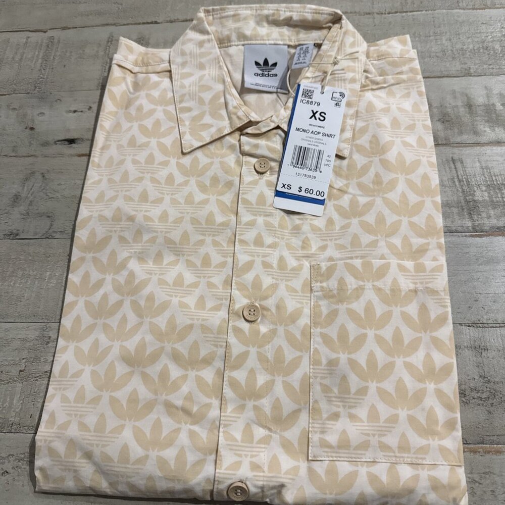 ADIDAS MONO AOP BUTTON DOWN GOLF POLO Men's Size XS Sand Strata NWT 100% Cotton